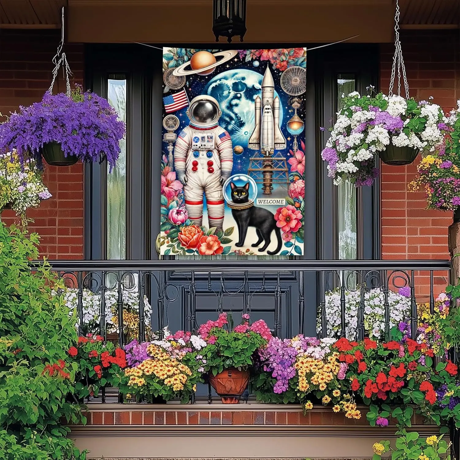 BlissYard Astronaut Cat House Flag 28 x 40 Inch Double Sided Spring Summer Garden Flag with Space Rocket Planet Floral Desig WWP