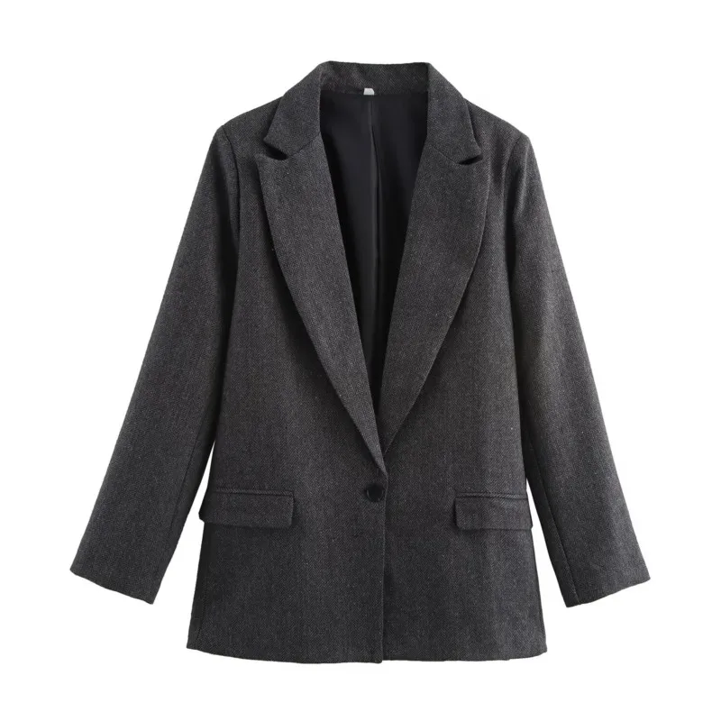 TRAF Diagonal Blazers Women Autumn Coat Casual Single Buckle Women Overcoat Office Lady Pocket Outerwear Vintage Female Blazer