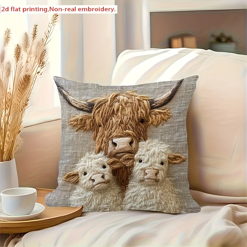 Highland cow home design single-sided printing pad cover, retro style decorative pillowcase, suitable for living room and office