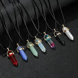 7pcs/Set Hexagon Pillar Quartz Necklace Turquoise Pink Crystal Necklace Genuine Leather Chain Natural Stone Choker Necklace