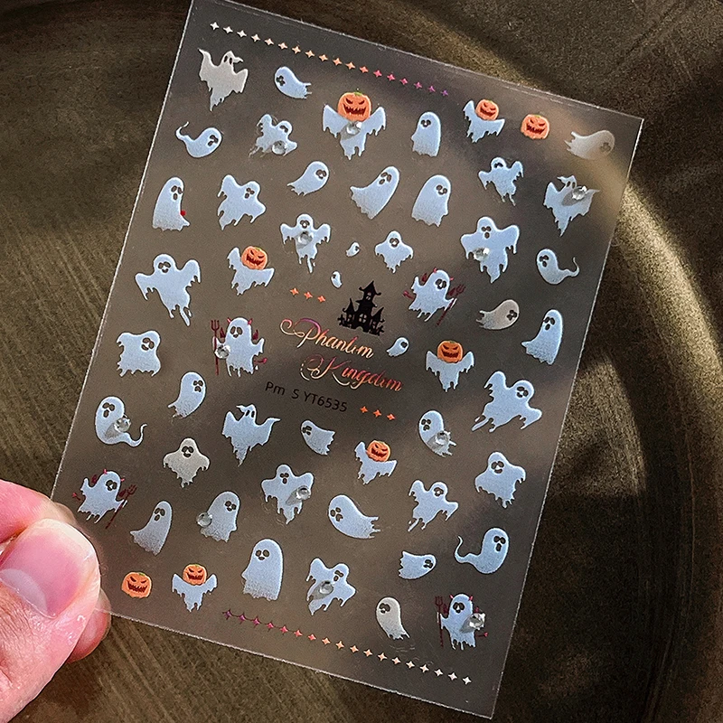 1 Sheet Halloween White Flutter Ghost Nail Stickers For Manicure DIY Charms Pumpkin Self Adhesive Women Home DIY Nail Decals