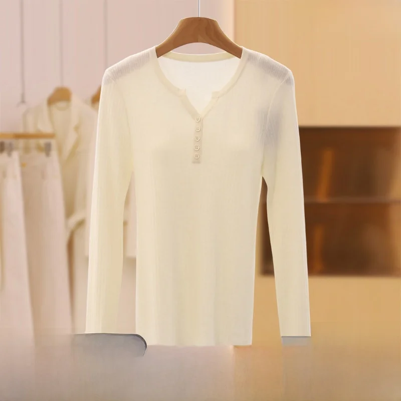 

Slim Fit Base Layer Sweater with Decorative Buttons Casual Sle Women's Knitwear V-Ne Long Sve Thin Winter Faion