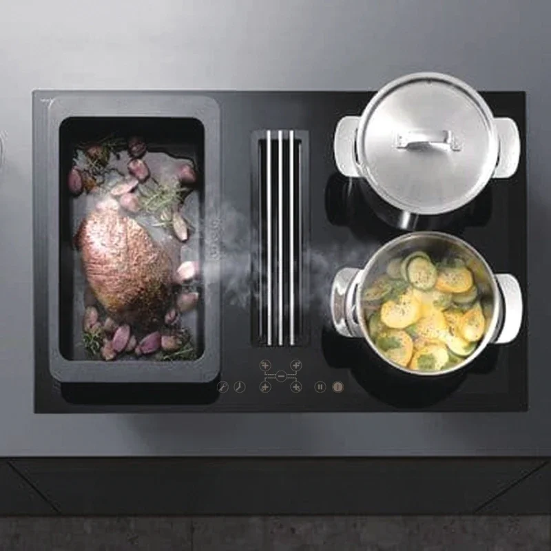 

2026Crystal Glass Polished Black 4 Cooking Zone Induction Hob Cooker With Downdraft extractor