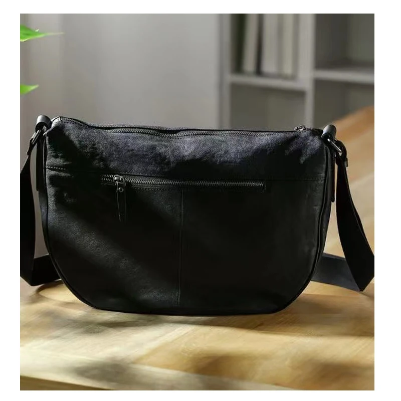 SENOFAN Messenger Shoulder Bag Man Half Moon Original Cowhide Leather Crossbody Bag Male Large Capacity Hobos Saddle Handbag