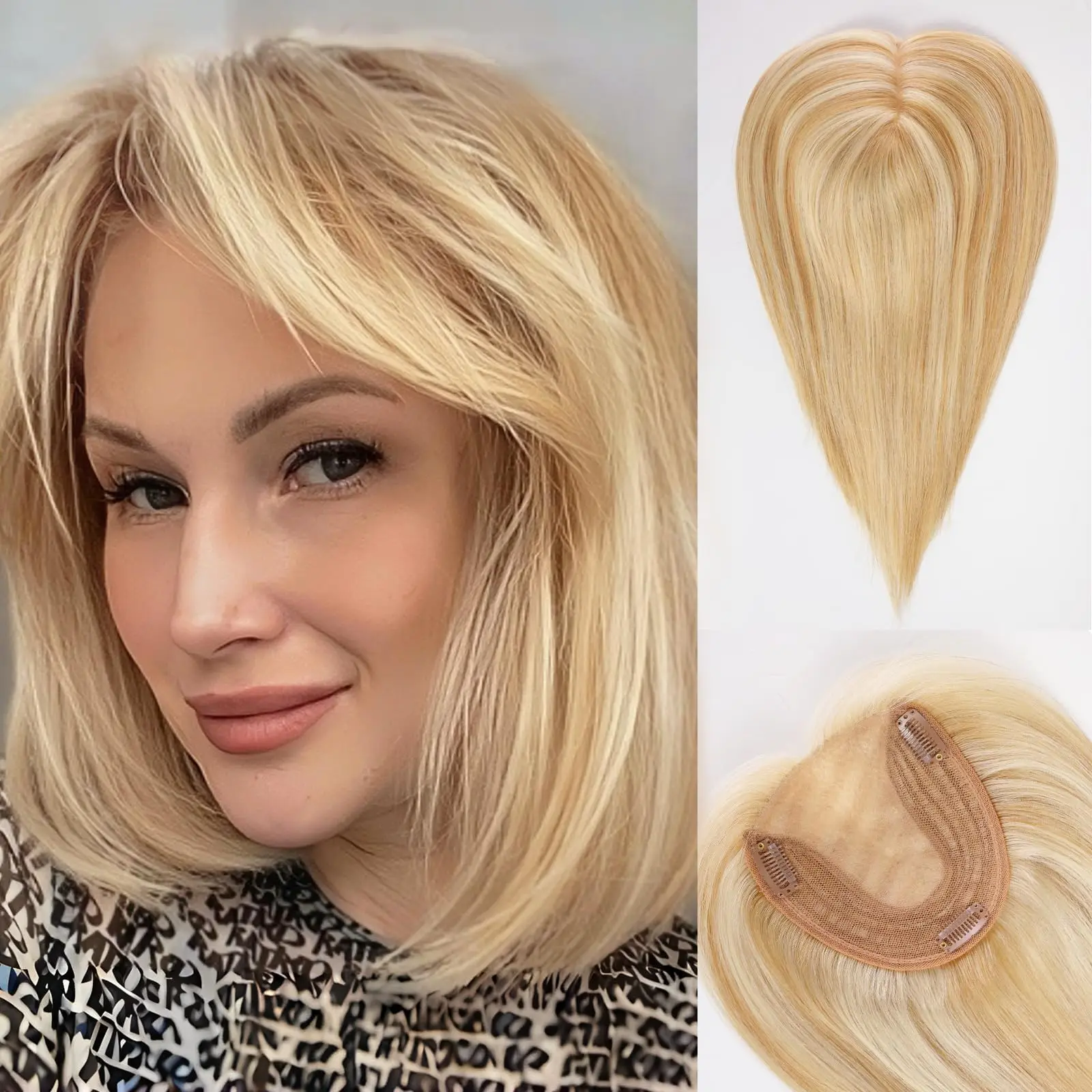 100% Remy Human Hair Toppers Clips in Blonde Platinum Highlight Remy Human Hair Pieces for White Women Hair Extensions Daily Use