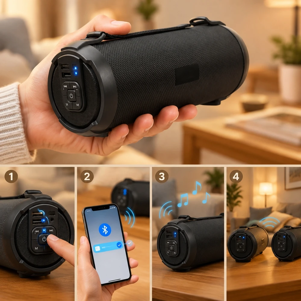 Altavoz Portátil Bluetooth 5.0, Parlante Inalámbrico con Radio FM, Reproducción USB y Tarjeta Micro SD, Entrada AUX, Batería Recargable 1500mAh, Correa para Transportar, Ideal para Exterior, Casa y Viaje