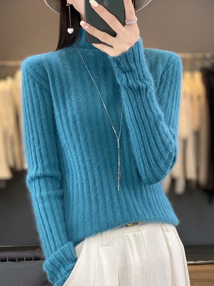 

Women's Mock-neck Slim Sweater Pullovers 100% Mink Cashmere Knitwear Korean Style Striped Clothing Tops Autumn Winter New ﻿