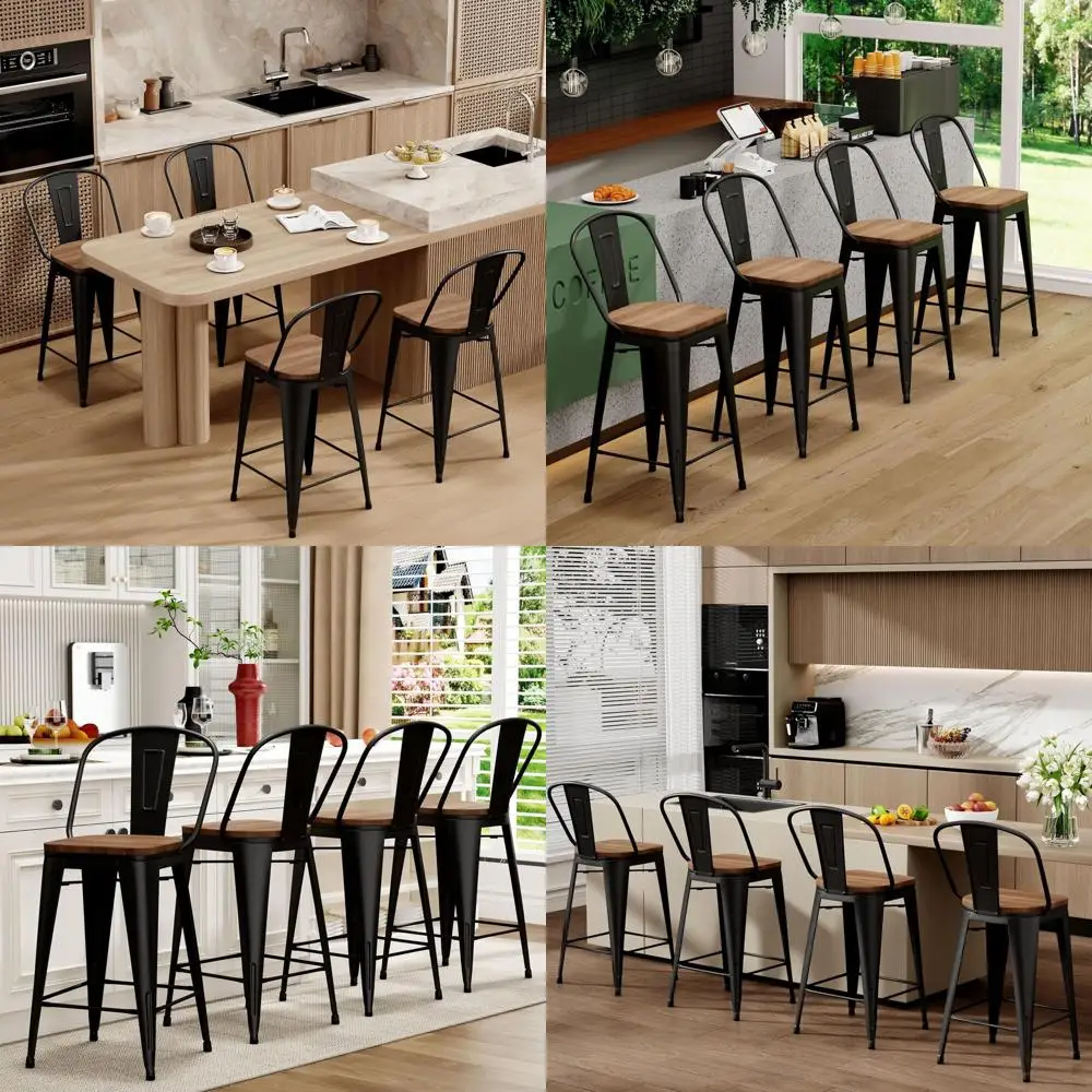 

Набор из 4-х барных стульев для кухни с высокой спинкой, 24 дюйма, с увеличенными сиденьями, матово-черные, для барной стойки