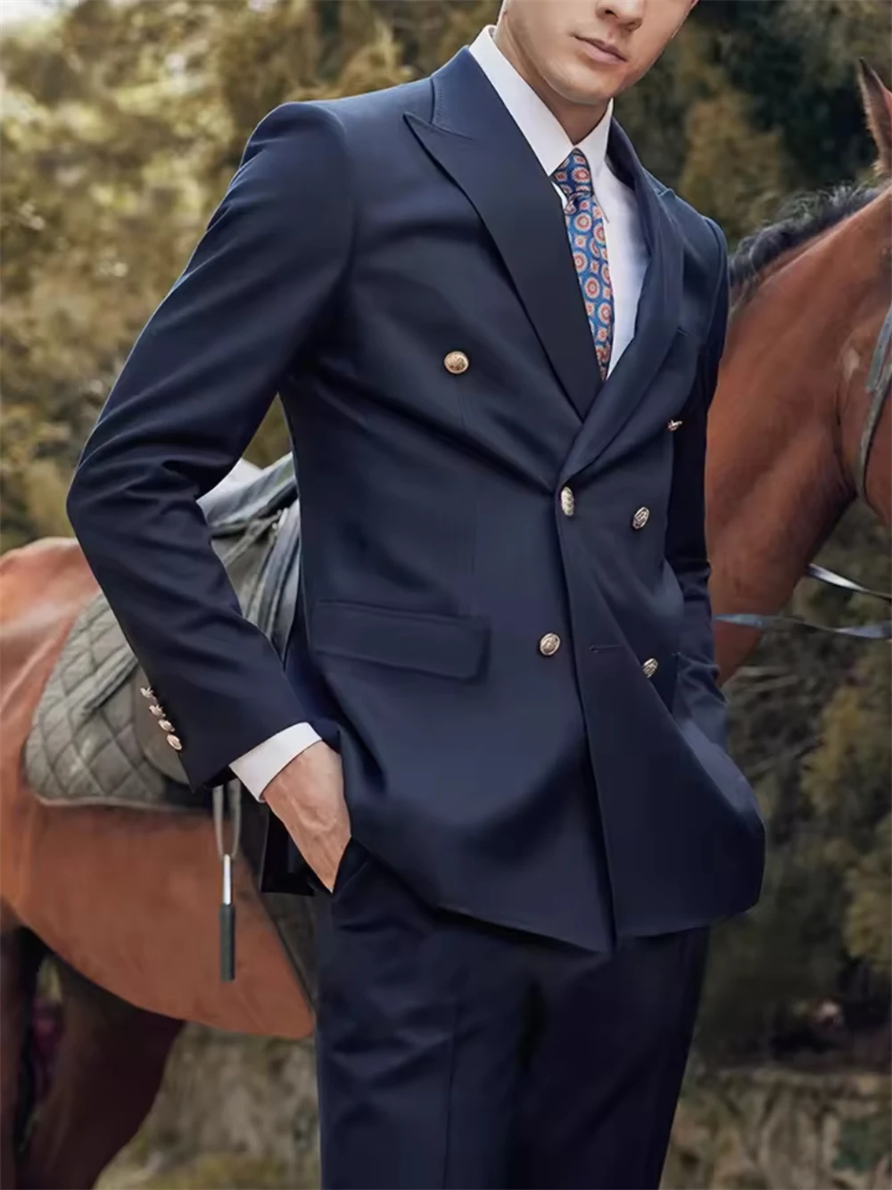 

Navy Blue Men's Suits 2 Pcs Double-Breasted Suit Slim Fit Bridegroom Groomsmen Suit Male Formal Business (Jacket+Pants)