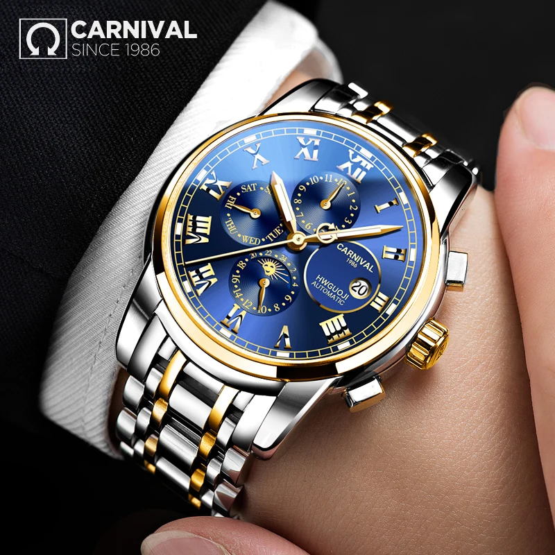 Carnival Brand Multifunction Moon Phase Mechanical Watch for Men Stainless Steel Waterproof Calendar Week Automatic Watches Mens