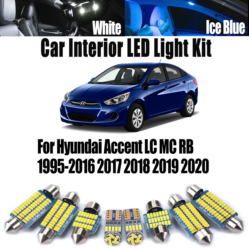 

Для Hyundai Accent LC MC RB 1995-2017 2018 2019 2020 автомобильные лампы для чтения аксессуары Canbus светодиодный комплект внутреннего освещения с картой купола багажника