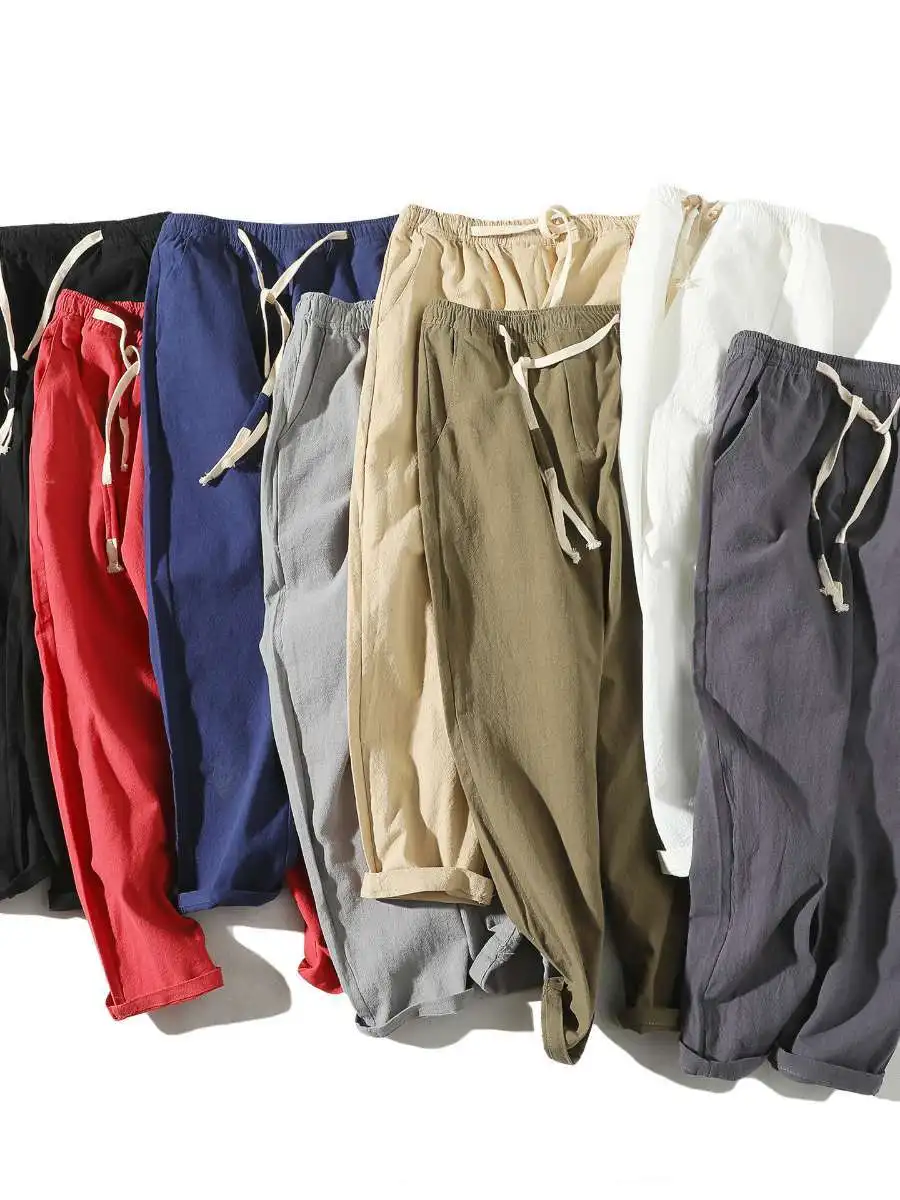 

Новые мужские повседневные хлопковые льняные брюки, спортивные молодежные брюки большого размера с девятью точками, модная мужская одежда