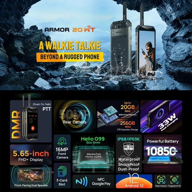 New design Big 10850mAh Battery Walkie Talkie Smart phone Ulefone Armor 20WT Rugged Phone 20GB+256GB 3g&4G smartphone Cellphones