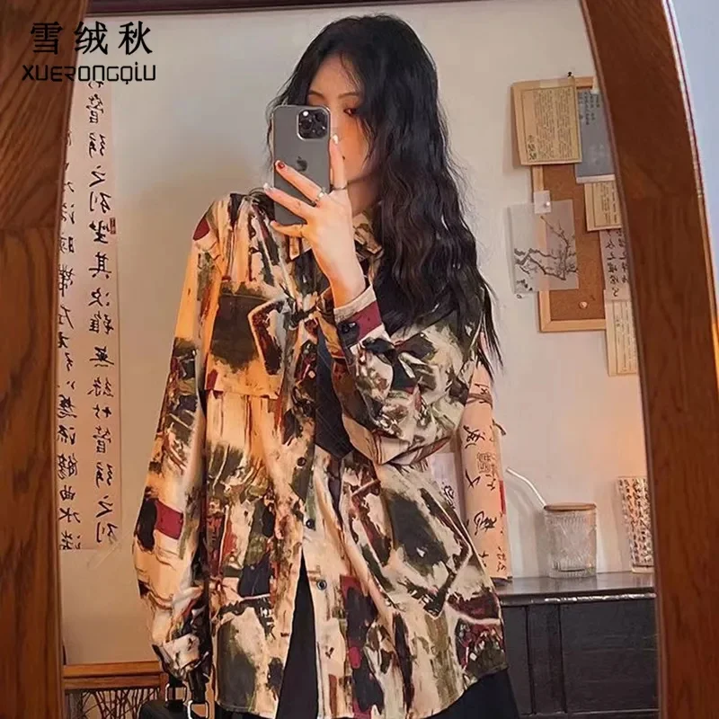 Hong Kong Style Personalized Wide oil Painting 2024 Autumn New Loose American Retro Shirt top tie Long Sleeved Shirt Commuting