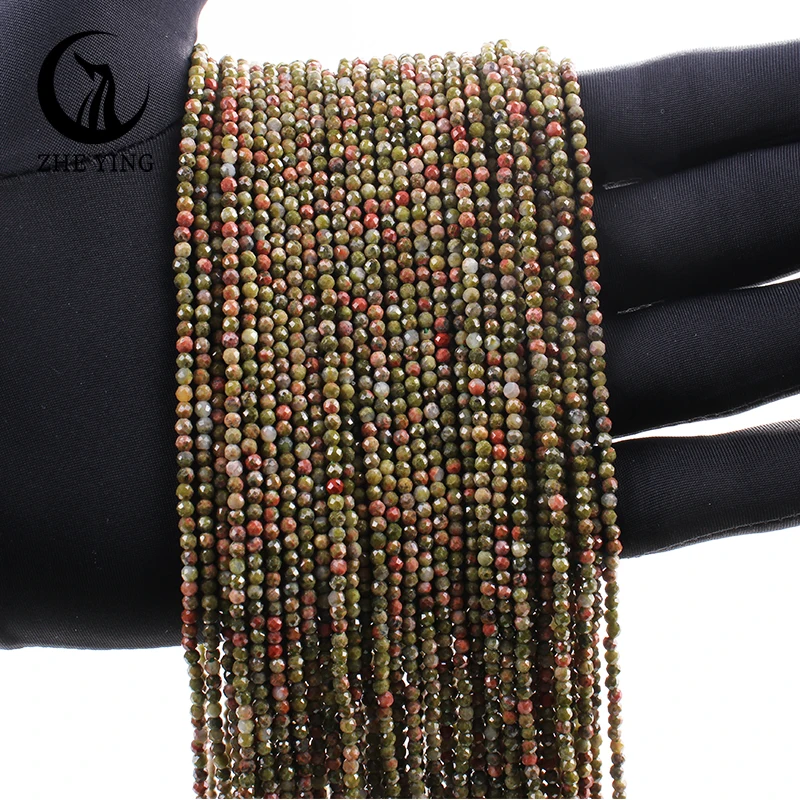 Zhe Ying 2mm Natural Unakite Beads Small Faceted Round Gemstone Beads for Jewelry Making Bracelet DIY Accessories