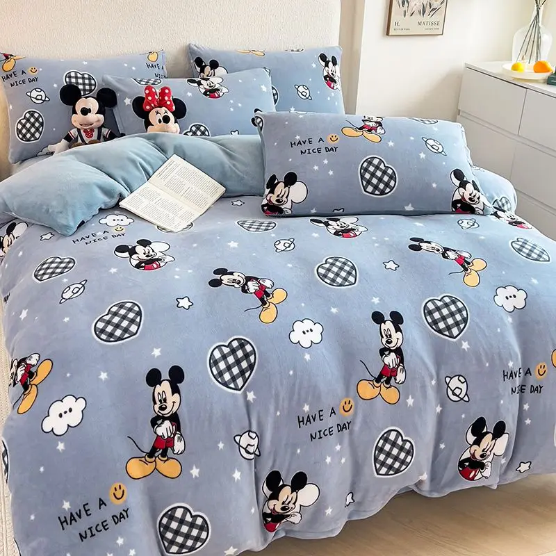 Mickey Minnie Daisy Lotso Pooh Bear personalized cartoon print comfortable milk velvet bed sheet and quilt cover four-piece set