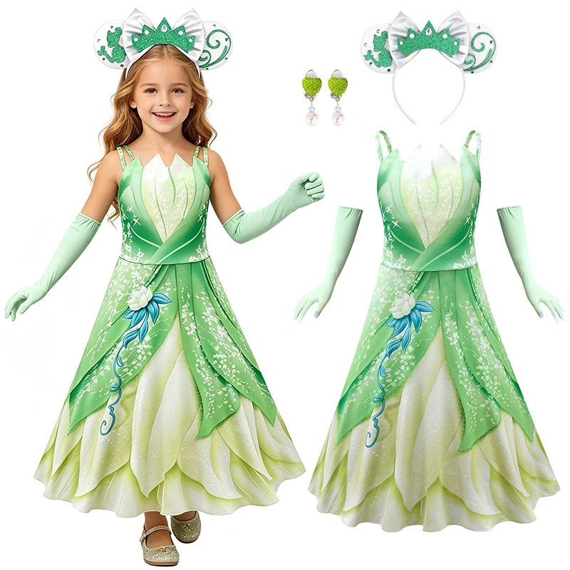 Elegant Girls Frog Princess Tiana Costume Halloween Cosplay Themed Party Performance Kids Clothes Carnival Children's Outfits