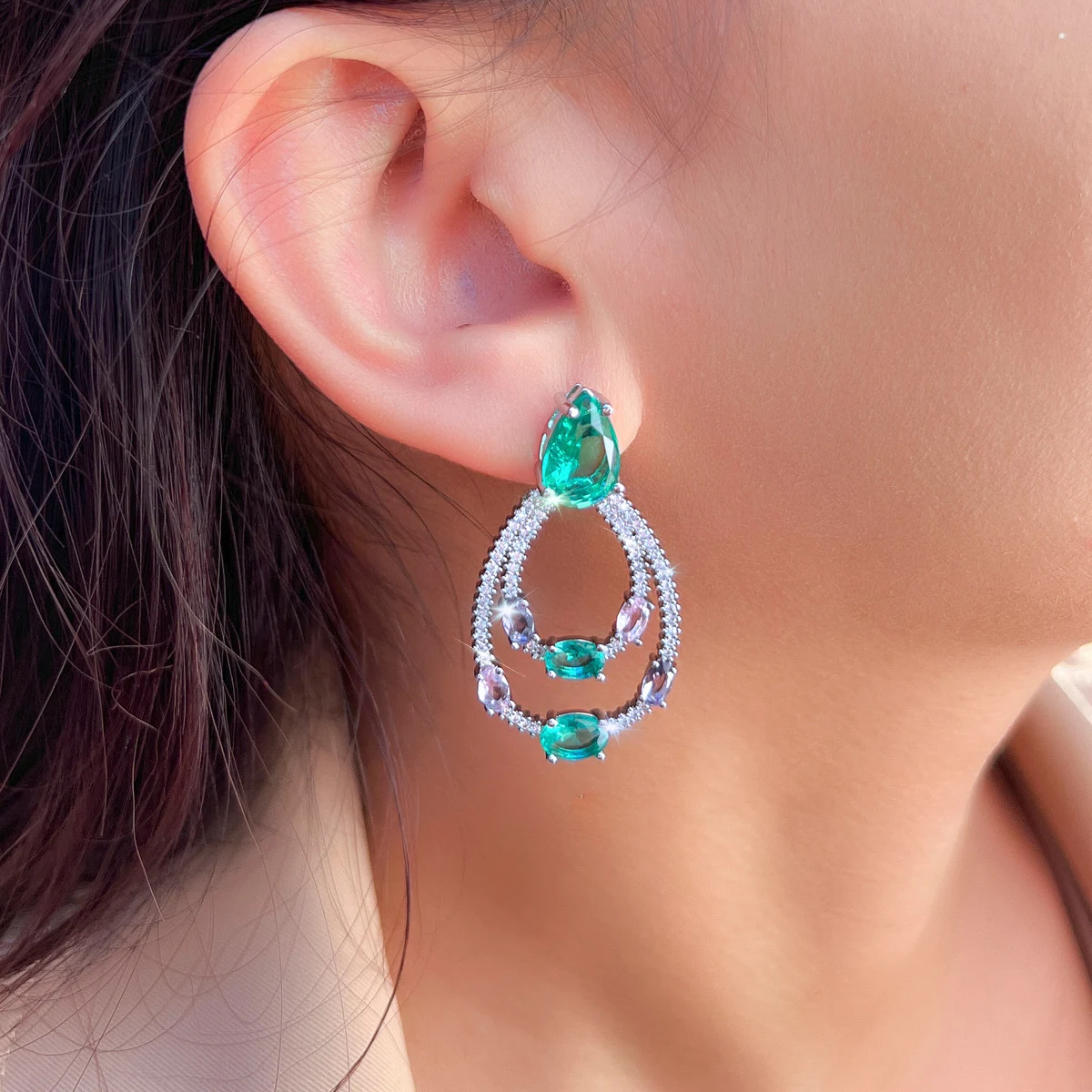CWWZircons Gorgeous Double Circle Drop Light Blue Cubic Zirconia Crystal Dangle Earrings Trendy Female Party Jewelry Gifts E0318