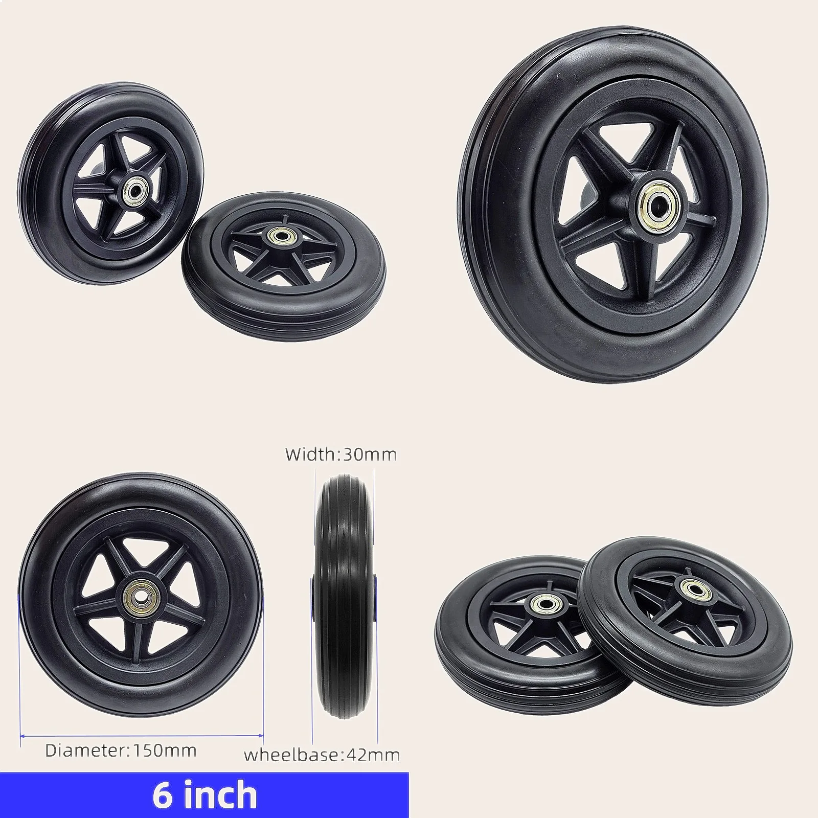 universal-wheelchair-front-wheels-6inch-pu-solid-tires-silent-comfortable-wear-resistant-casters-pair-of-2