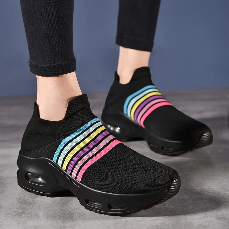 Woman Shoes New Lace Up Round Toe Lightweight Fashion Trendy Single Shoe Casual Black Women Autumn Thick Sole Striped Sock Shoes