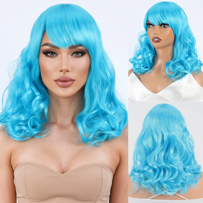 

Европейские и американские женщины с волосами средней длины, синим цветом волос, наклонной чёлкой, короткими кудрявыми волосами — парик из синтетического волокна.