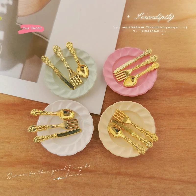 1/12 مقياس دمية مصغرة كعكة طبق مع سكين شوكة قاعدة الملاعق-DIY بها بنفسك الديكور بيت الدمية اكسسوارات لنماذج مقياس 1/12