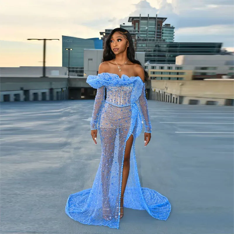 Light Blue Lace Mermaid Prom Dresses Ruffles Off The Shoulder High Split Evening Gownssexy See Through Black Girls Party Dress