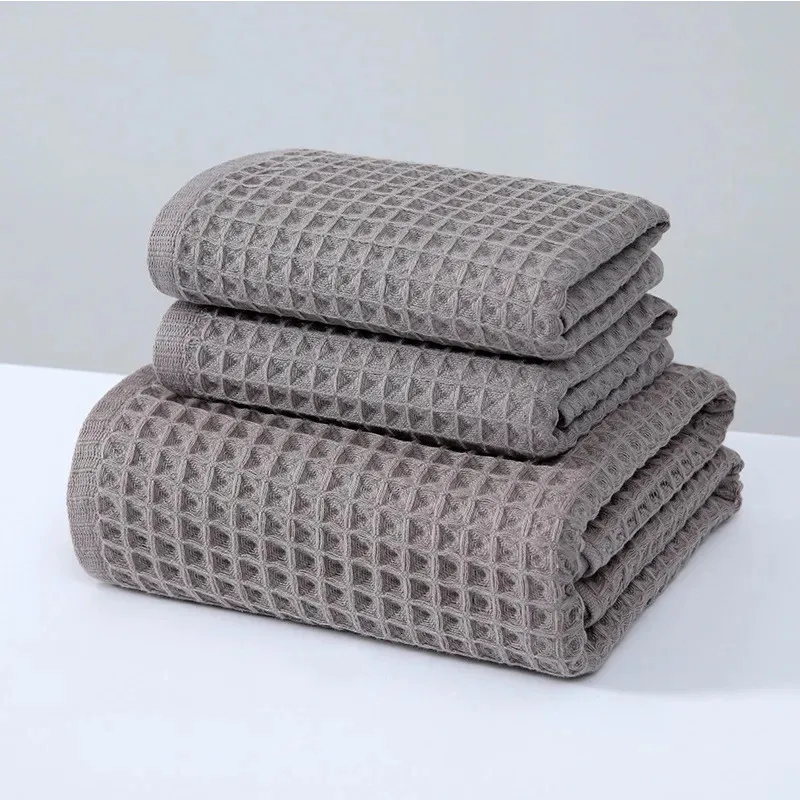 

Pack of 3 Waffle Weave 100% Cotton Bathroom Towels Sets Quick Drying 1 Bath Towel 70x140cm 2 Hand Towels 34x74cm Serviettes 타월