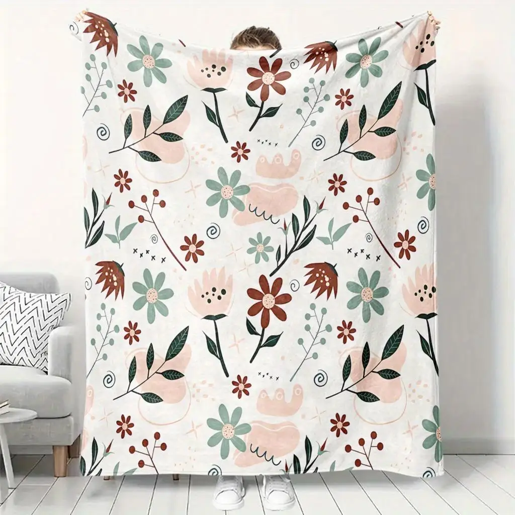 Aesthetic Floral Botanical Print Throw Blanket Cozy Chunky Knit Decoration for Boho Living Room Couch Home Decor Gift