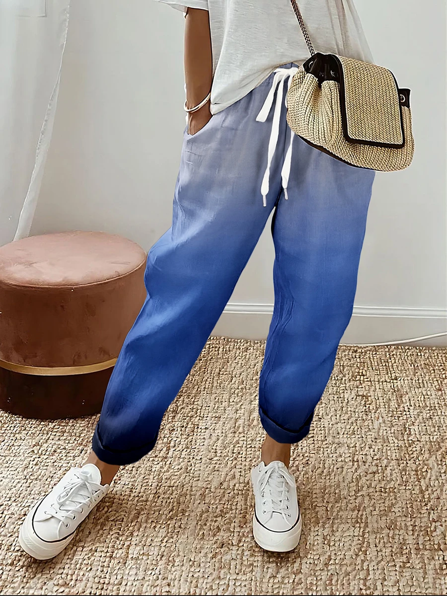 Women Casual Loose Trousers Gradient Color Drawstring Wide Leg Pants Pockets Autumn Long Sweatpants Baggy Streetwear Female Y2K