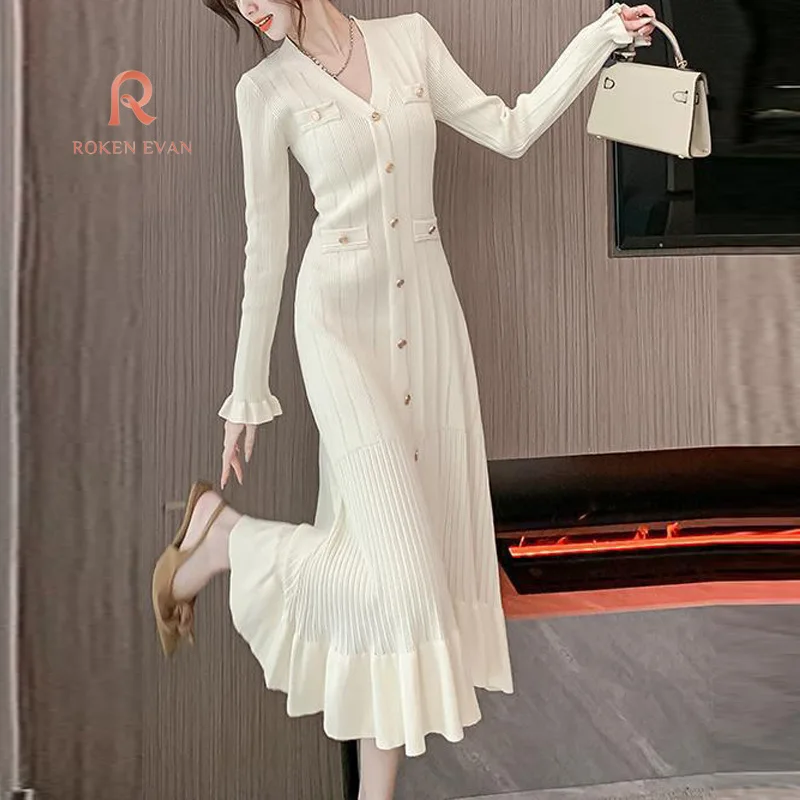 

ROKEN EVAN 2024 Autumn and winter new French style temperament socialite wooden ear side single-breasted fishtail knitted dress