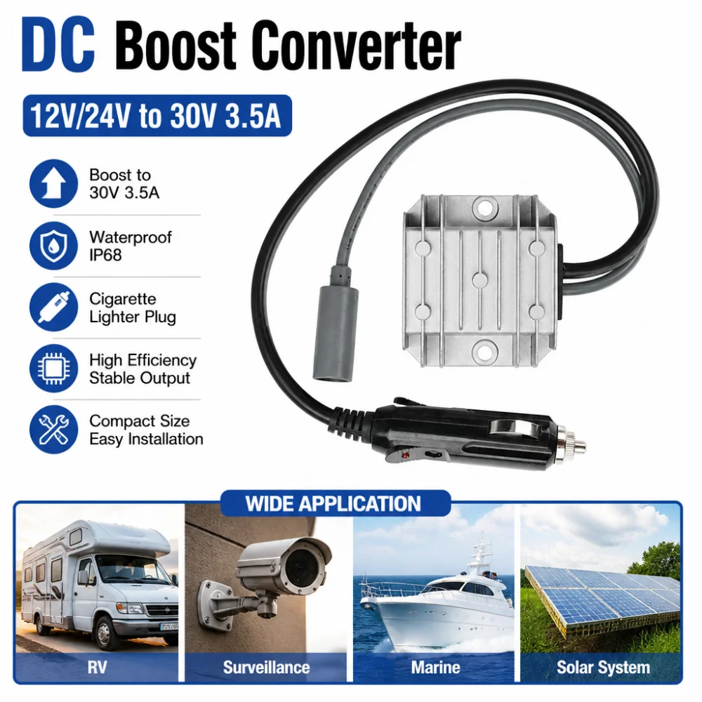 Conversor DC Step-up Mini de 12V 24V para 30V, 3.5A com Plugue para Acendedor de Cigarros, Adequado para Motorhomes, Barcos, etc.