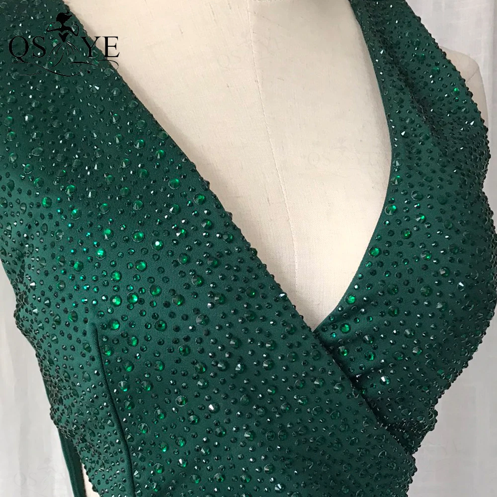 Emerald Rekbaar Avondjurken Kriskras Taille V-hals Mermaid Satin Sexy Split Hete Boor Sequin Ingericht Green Party Dress