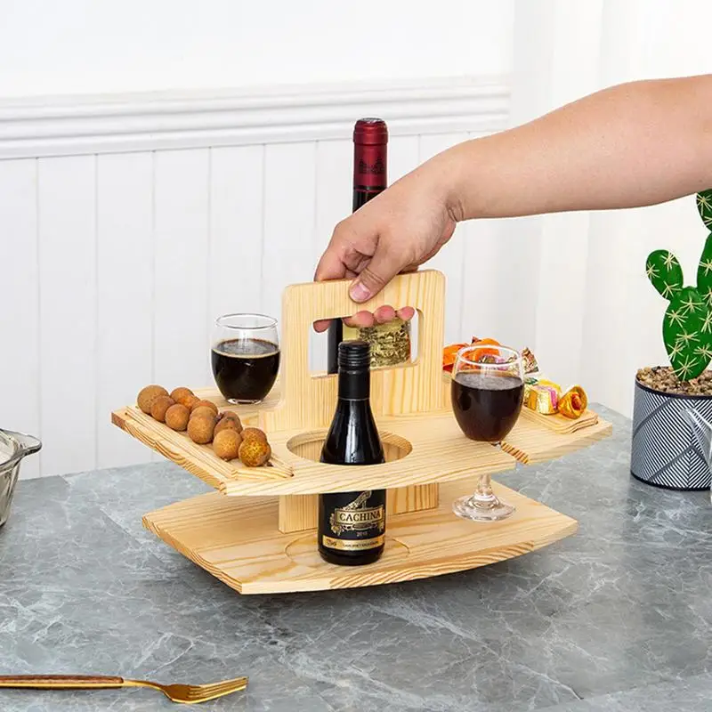 Wooden Wine Table Outdoor Portable Snack Table Wine Holder Beach Camping Picnic Table Foldable Removable Fruit Snack Wine Tray