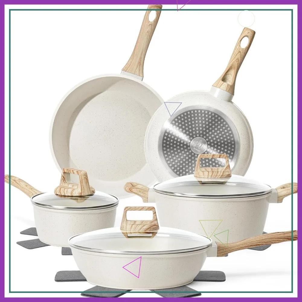 

12 Pcs Non-Stick Cookware Set, White Granite Induction Safe, PFAS/PFOA/PFOS Free Kitchen Pots and Pans