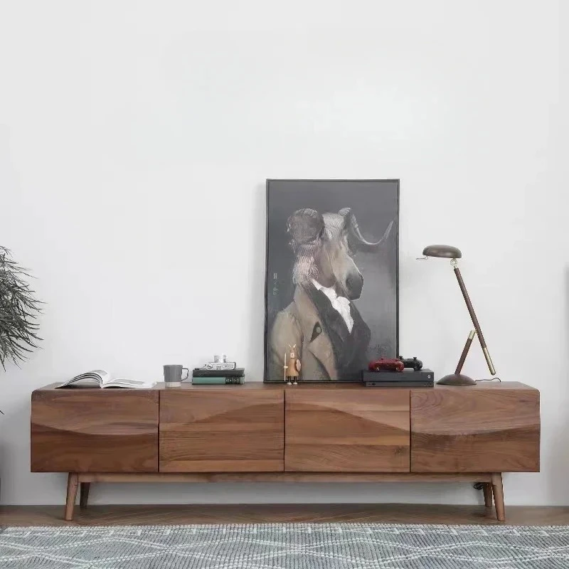 

Nordic Retro Solid Wood Living Room TV Cabinet Black Walnut Wave Floor Cabinet Modern Minimalist