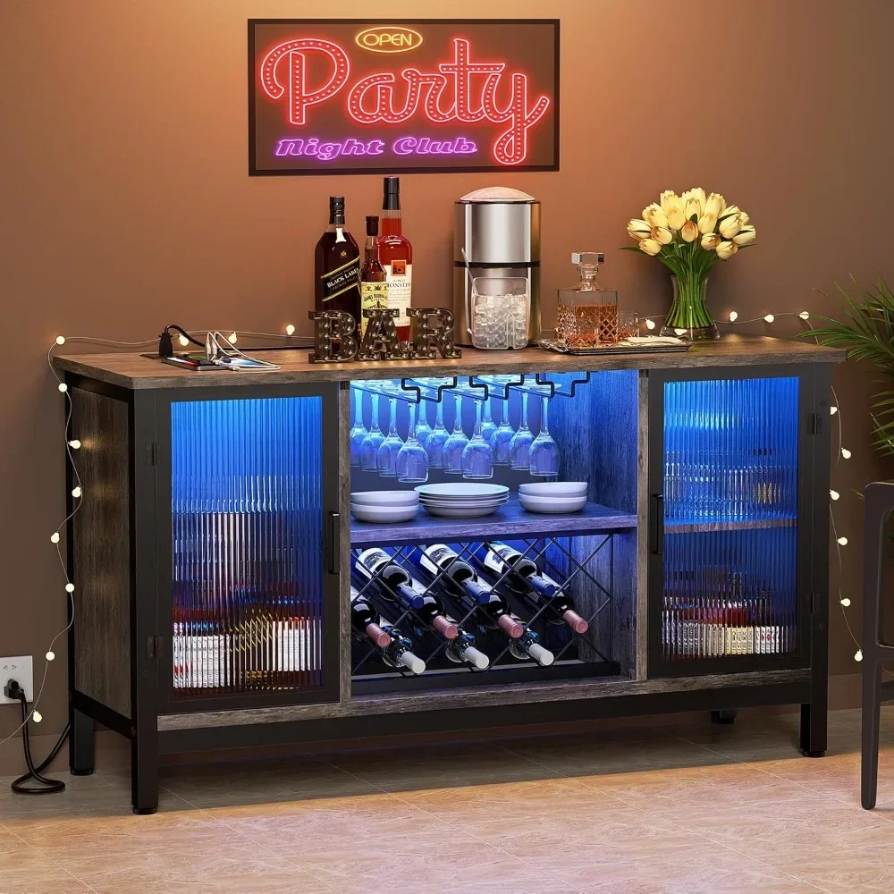 

Wine Bar Cabinet with Power Outlet and Light, LED Wine Cabinet for Home for Liquor and Glasses, 47" Liquor Cabinet (Dark Grey)