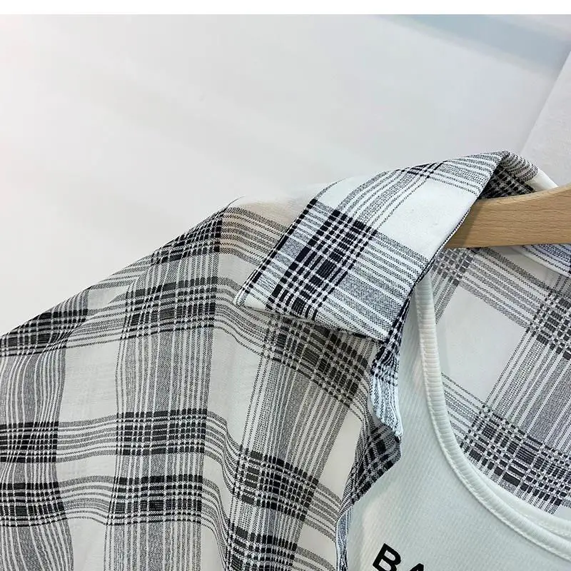 Camisa delgada a cuadros para mujer, blusa informal de manga larga, abrigo de gasa con protección solar, cárdigan con botones, camisa que combina