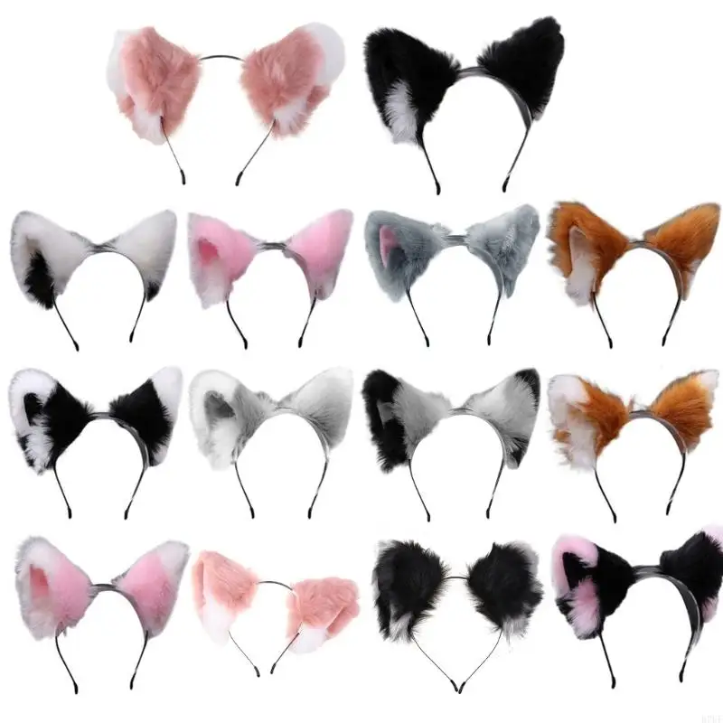 R7UF ผู้หญิงที่มีความสมจริงยาวสัตว์ยาวสำหรับหูแมวแถบคาดศีรษะ อะนิเมะผม Hooloween Halloween Festival Party