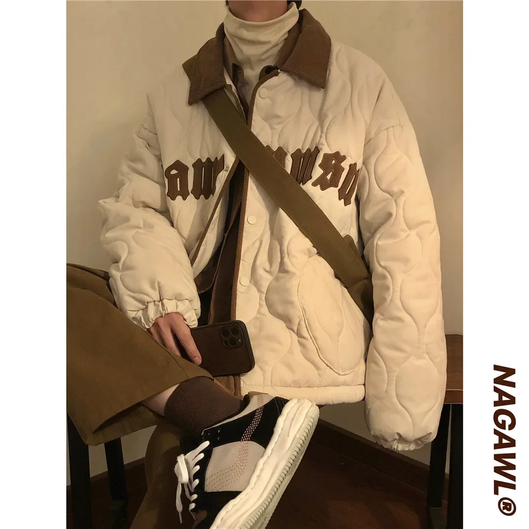 Factory Direct Supply Winter New American Retro Rhombus Letter Embroidered Cotton Coat Loose Thickened Baseball Cotton Coat