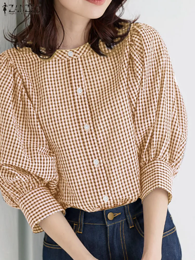 ZANZEA Spring Vintage 3/4 Sleeve Blouse Casual Buttons Down Tops Female Women Plaid Checked Shirt Holiday Party Blusas Mujer