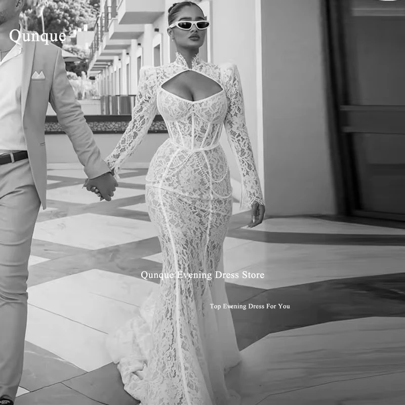 

Qunque Exquisite Lace Mermaid Wedding Dresses With Jacket Long Sleeves Corset Back Sweep Train Bridal Gowns Robe De Marriage