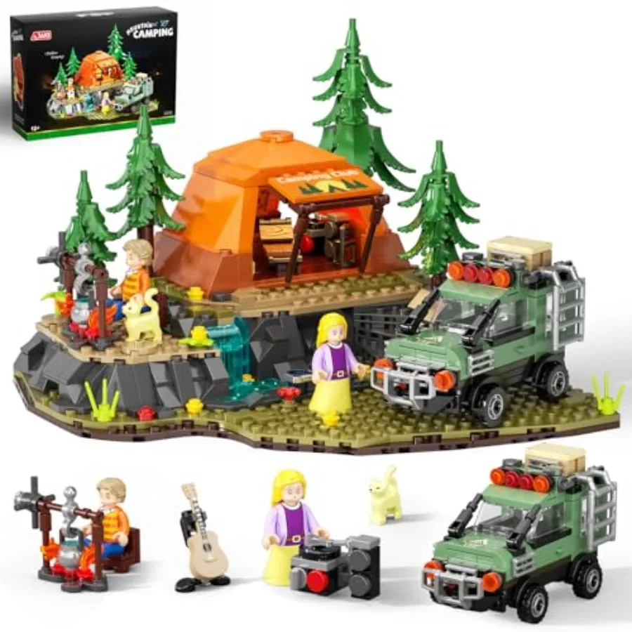 

Mountain Camping Building Blocks Set - 677PCS Outdoor Adventure Scene Construction Toy with Tent Camping Car and Campfire Deskt