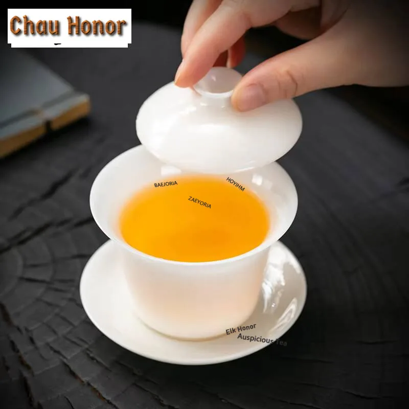 180ml Iced Jade White Porcelain Gaiwan Handmade Thin Body Tea Tureen Household Tea Maker Sancai Cover Bowl Teaset Supplies Craft