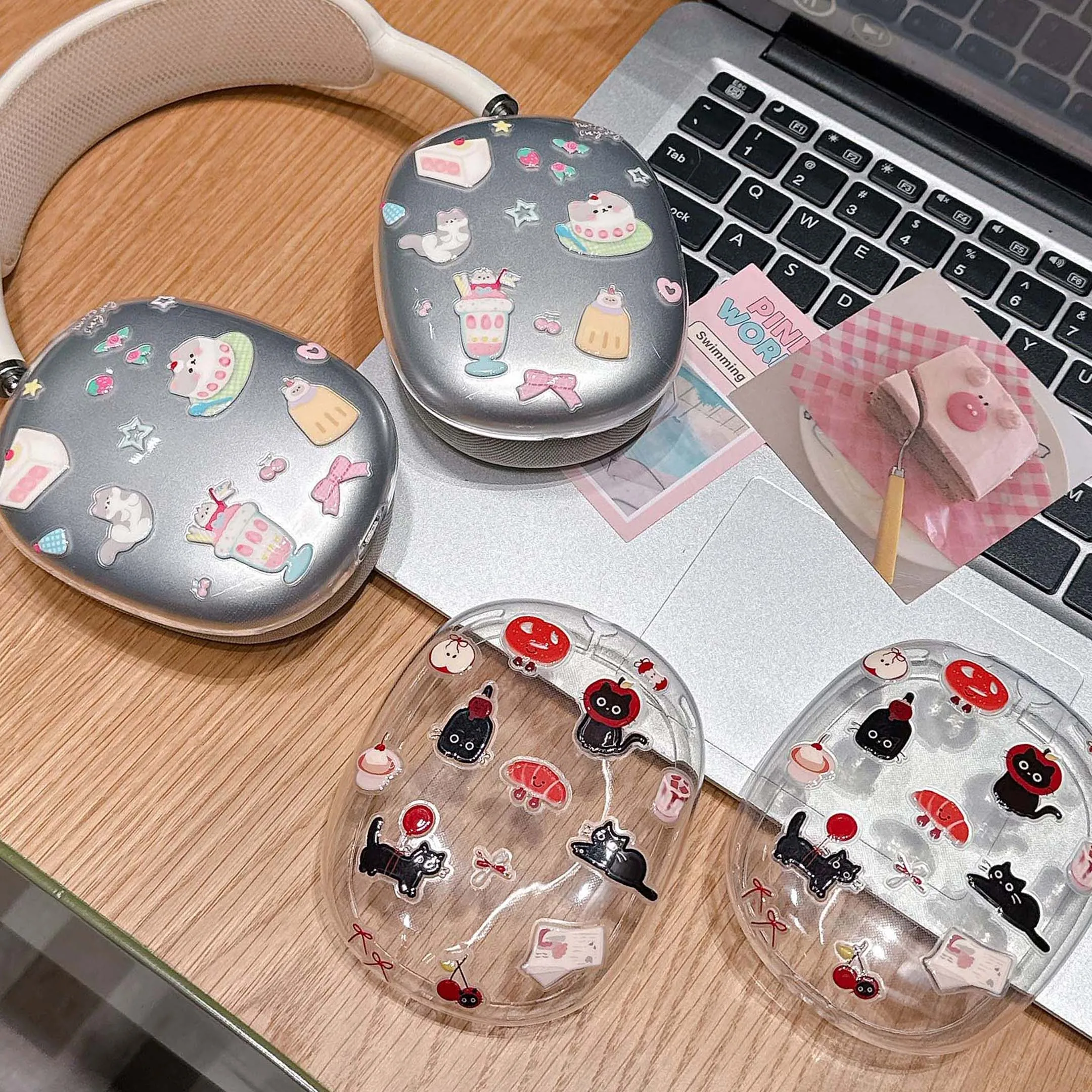 

Ins cute black cat bow cherry cake headphone case for apple airpods max airpodsmax airpodmax cartoon headset cover earphone capa
