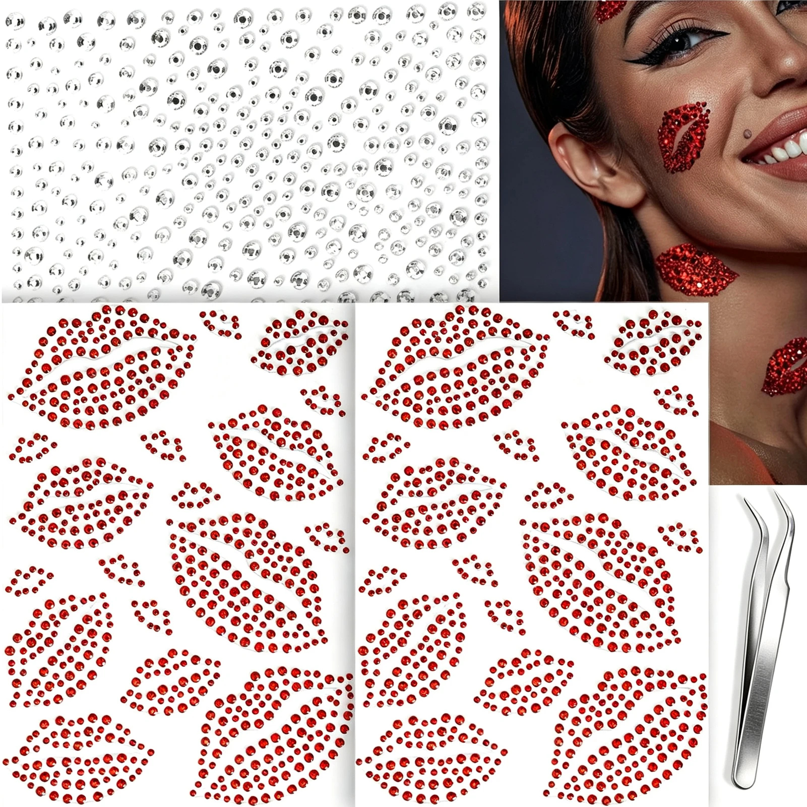 Red Face Gems Self-Adhesive Face Jewels Red Face Glitter Lip Face Rhinestone Stickers for Makeup Eye Hair Body Rave Accessories