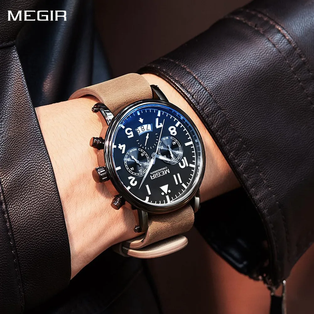 MEGIR-Reloj deportivo militar de cuero para Hombre, cronógrafo luminoso de cuarzo, resistente al agua, a la moda