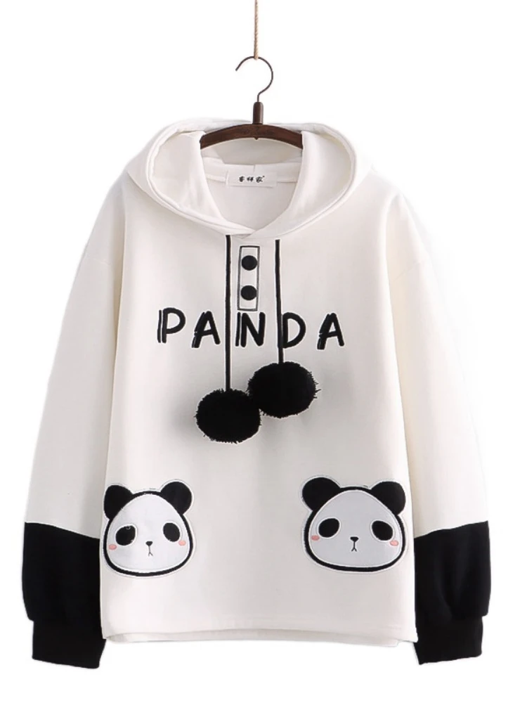 

Kawaii Panda Embroidery Women Hoodies Chic Drawstring Harajuku Hooded Sweatshirts 2023 Winter Long Sleeve Female Sweet Tops