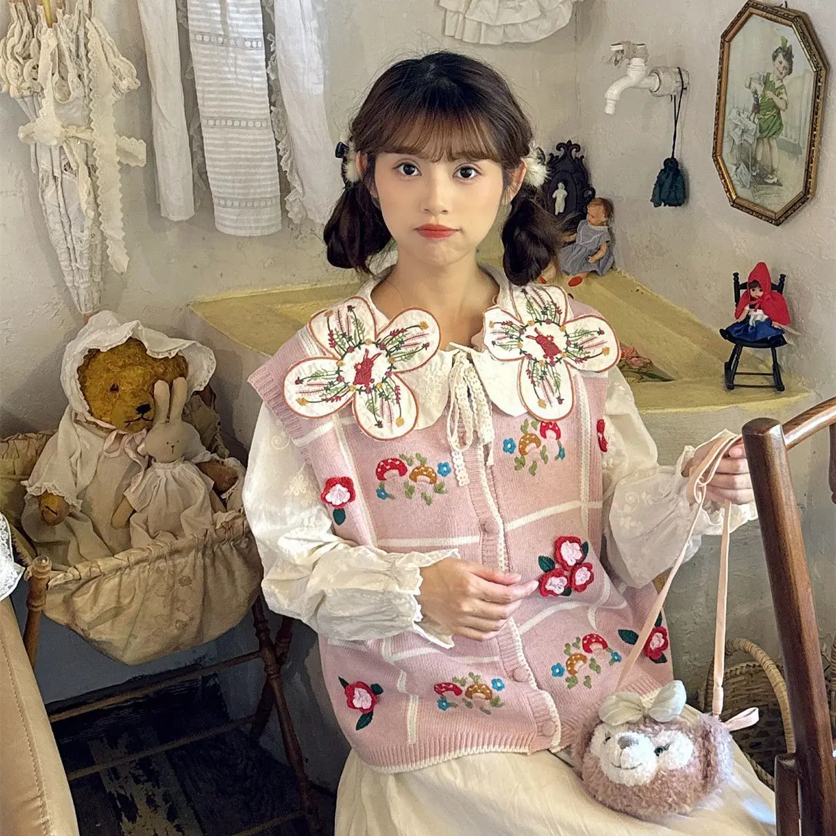 Onalippa Japanese Sweet Spicy Autumn Forest Handmade 3D Flower Mushroom Embroidered Knitted Vest Girl Pink Sweater Top