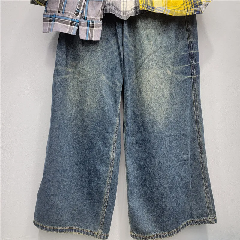 ANJY Herbst Winter Neue Frauen Mode Einzigartige Design Plaid Unregelmäßigen Patchwork Lose Gerade Jeans Trendy Chic Denim Hosen A15827